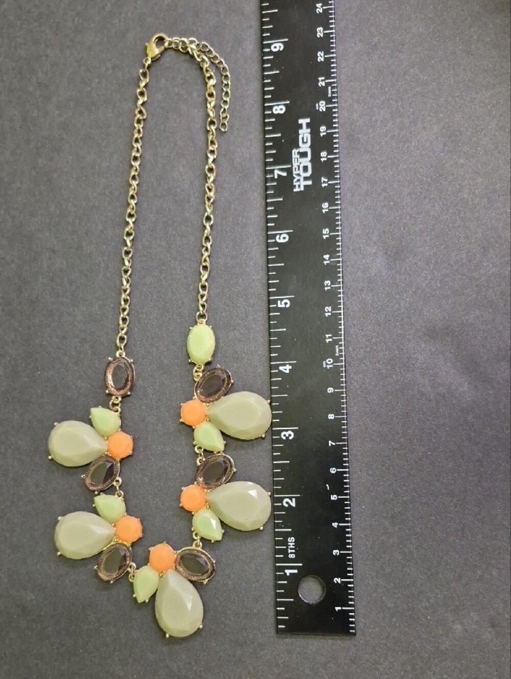 Gold Chain Statement Necklace with Green, Coral and Brown - Picture 6 of 6
